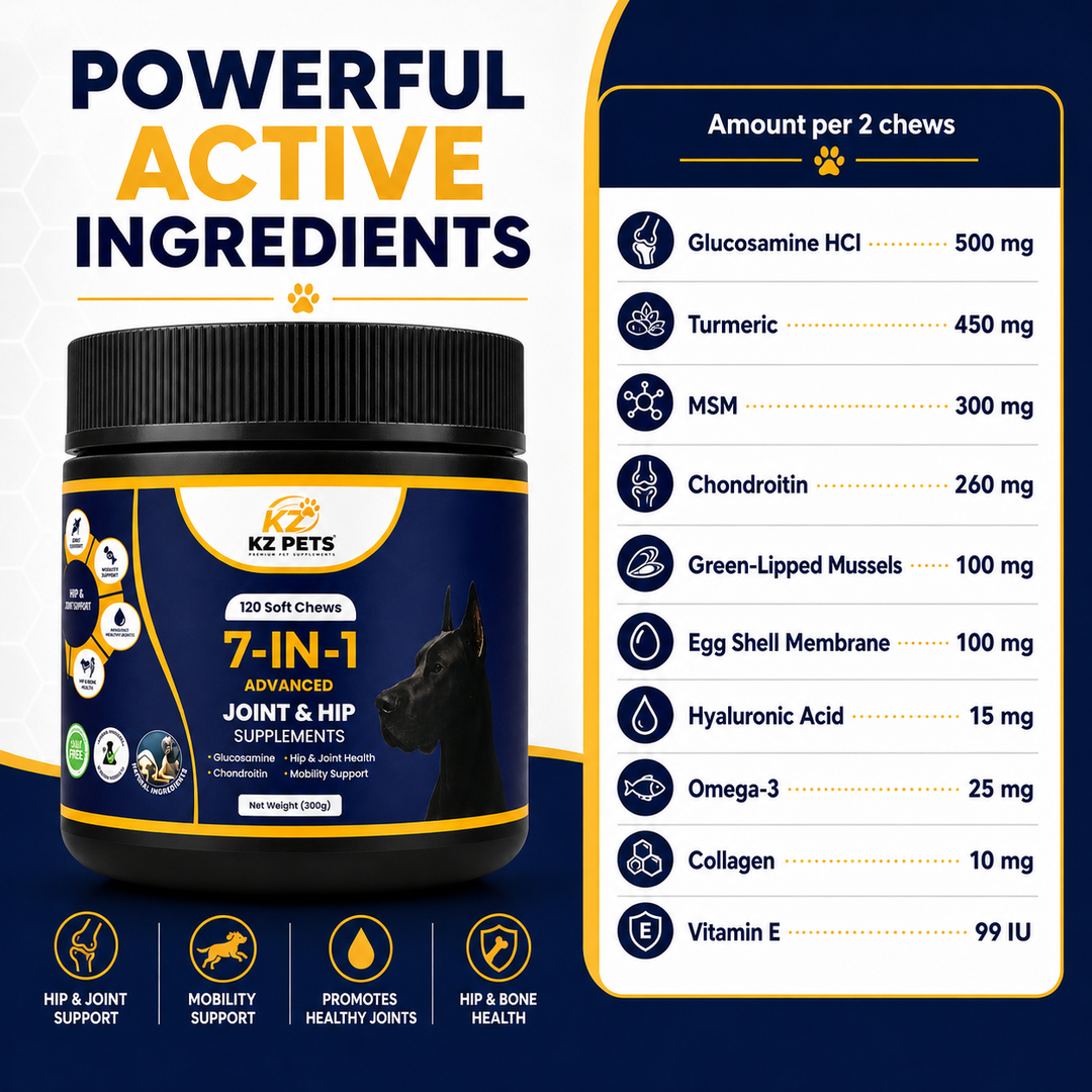 KZ Pets 7-in-1 Advanced Joint & Hip Supplements for dogs with ingredient list on a blue and white background