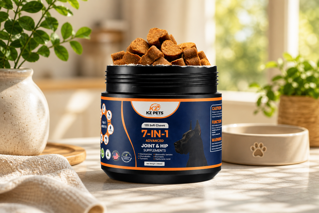 Container of KZ Pets 7-IN-1 Joint & Hip Supplements on a table with a blurred indoor background