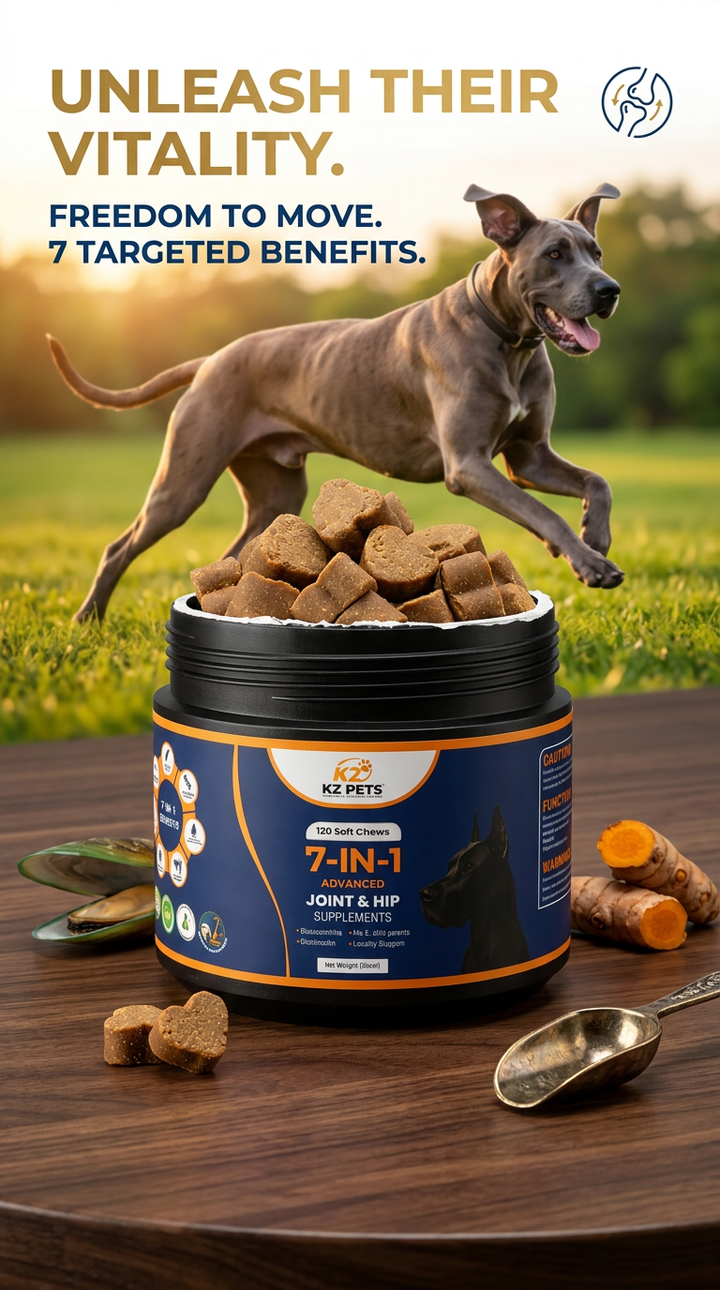 Dog food product with a dog on a field background, promoting targeted benefits.