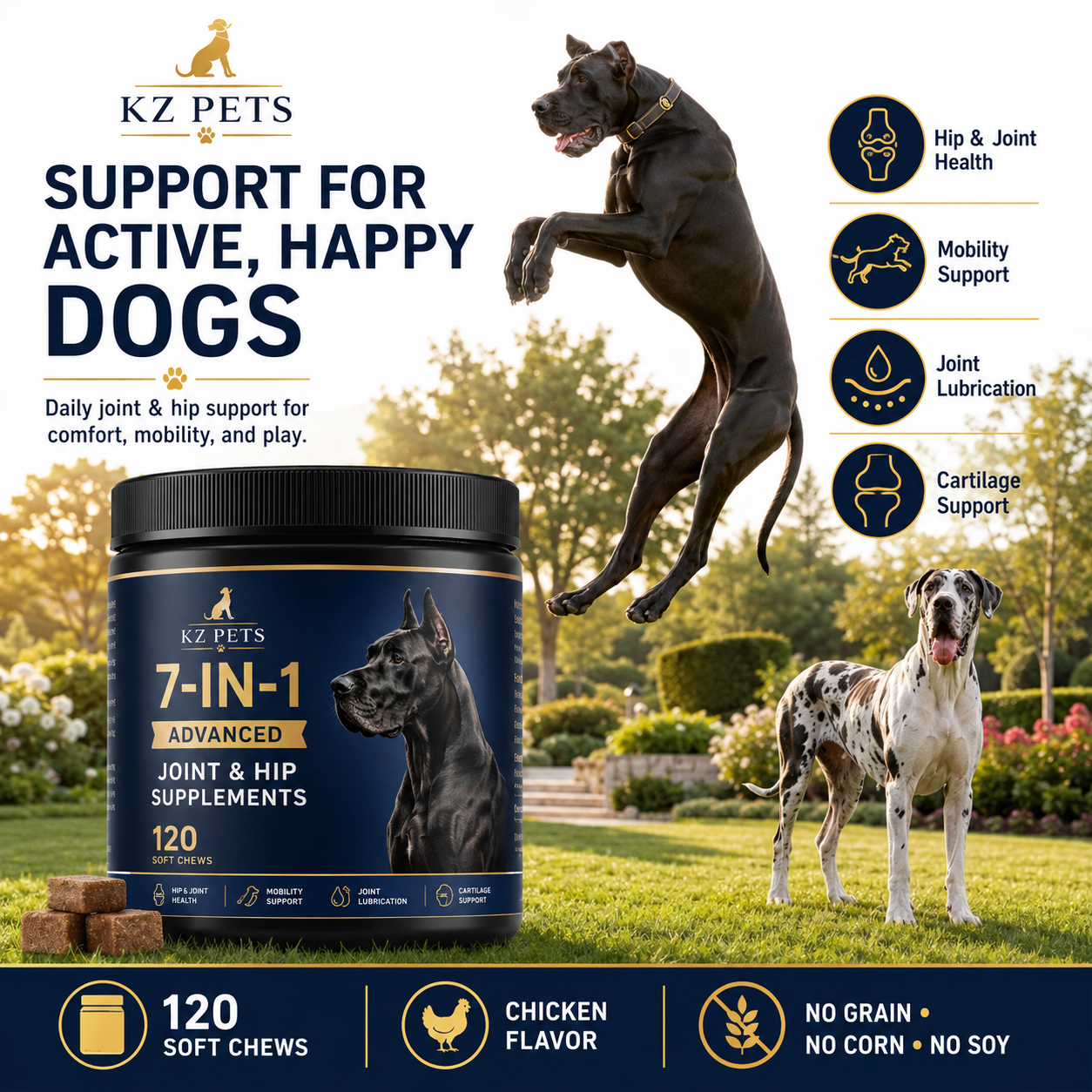 KZ Pets 7-IN-1 Advanced Joint & Hip Supplements for dogs with a dog jumping in the background.