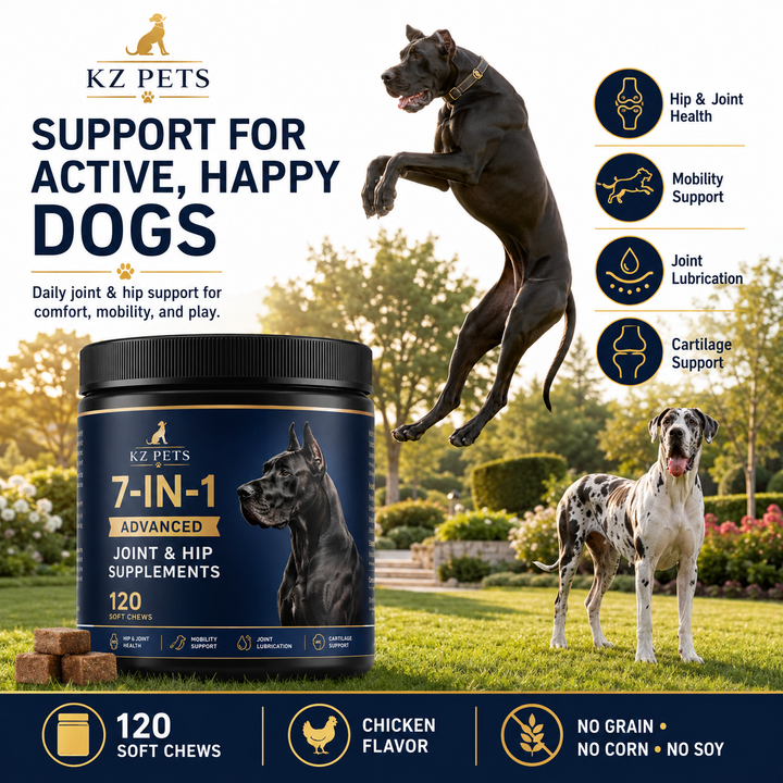 KZ Pets 7-IN-1 Advanced Joint & Hip Supplements for dogs with a dog jumping in the background.