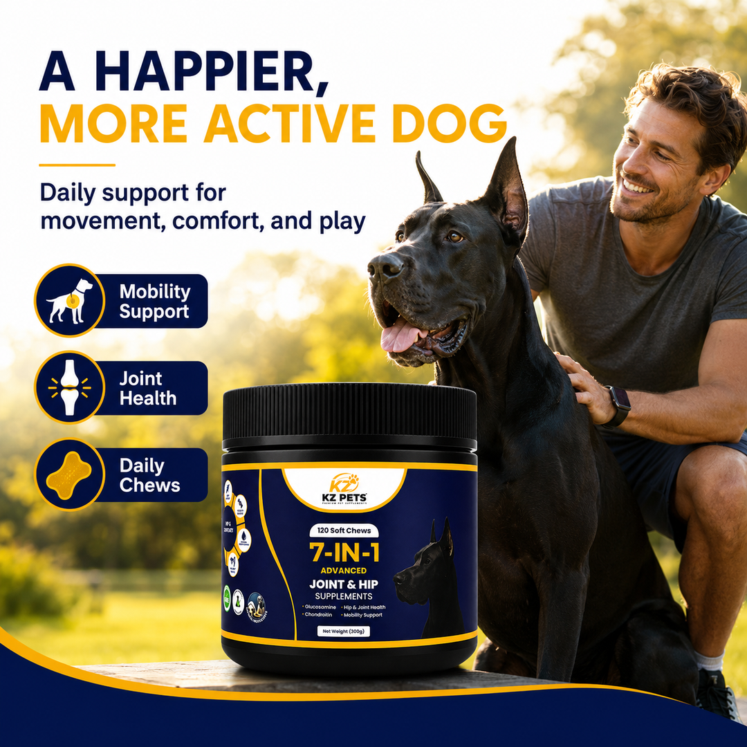 Man with a dog and a supplement jar labeled '7-IN-1' on a blurred outdoor background