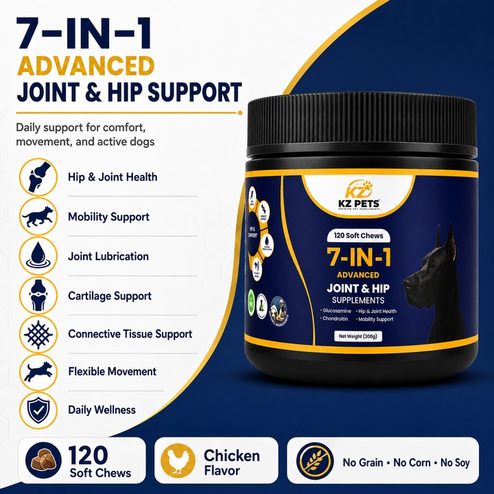 KZ Pets 7-IN-1 Advanced Joint & Hip Support supplement container with features listed on a blue background