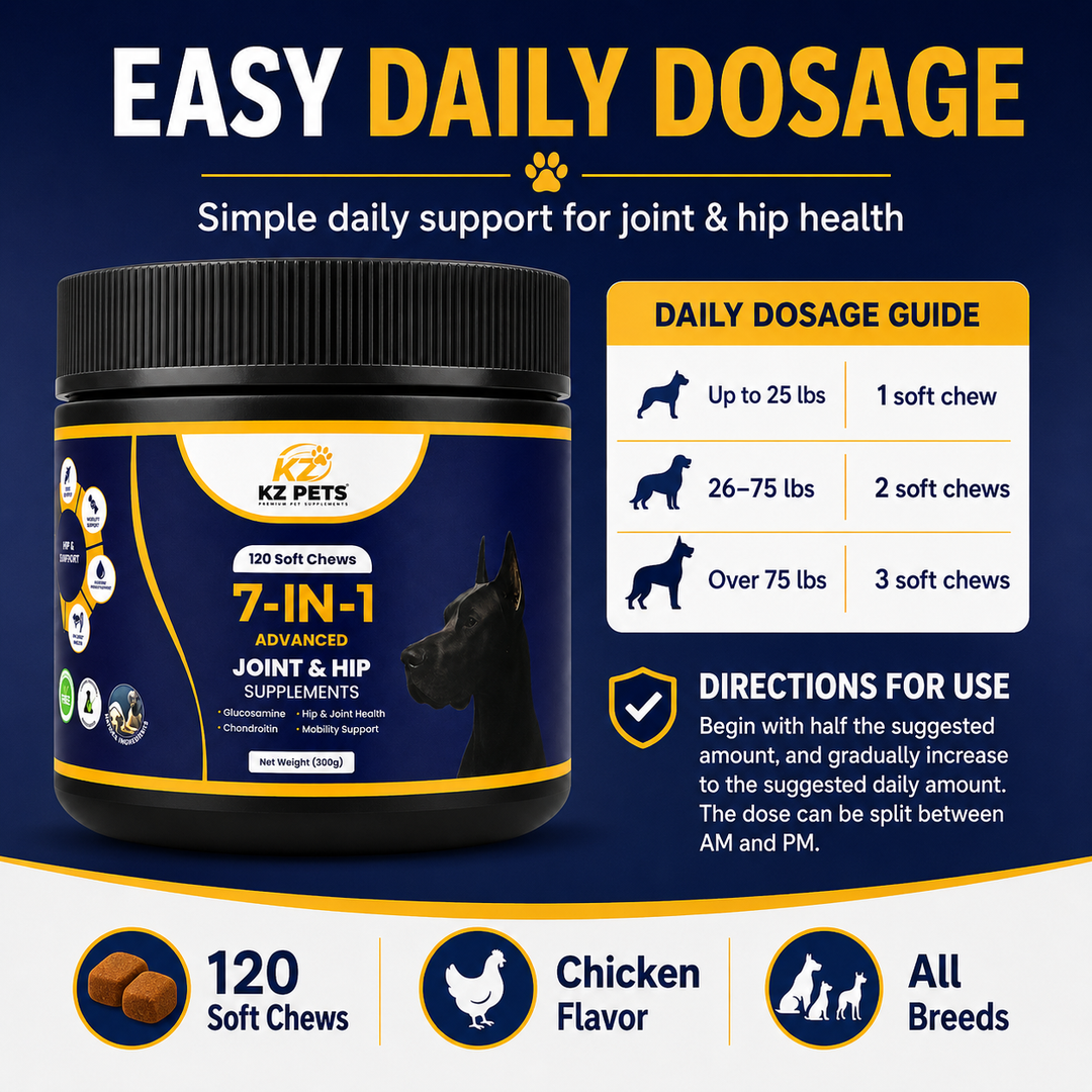 KZ Pets 7-in-1 Advanced Joint & Hip Supplements container with dosage guide on a blue background