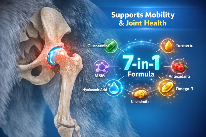 An illustration of a joint with bones and cartilage, surrounded by health benefits and a '7-in-1' formula label.