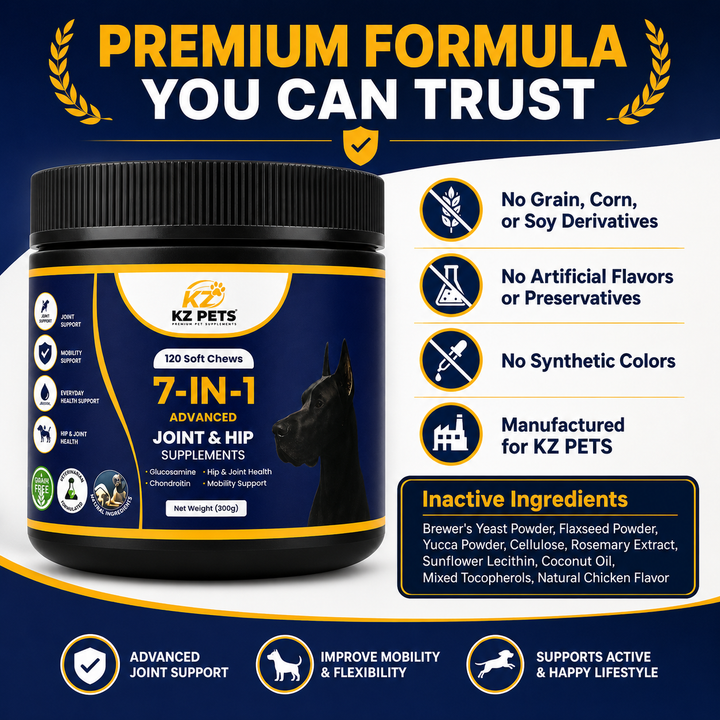KZ Pets 7-IN-1 Advanced Joint & Hip Supplements container with branding and product details on a blue background