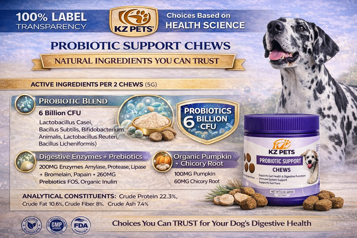 KZ Pets Probiotic Support Chews packaging with a dog and product details.