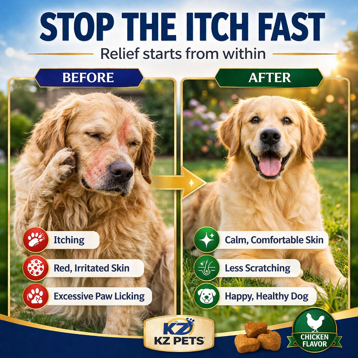 Before and after comparison of a dog with itching issues treated by KZ Pets, showing improved skin condition and happiness.