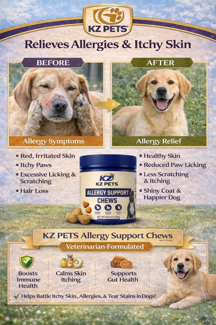 KZ Pets allergy support chews advertisement with before and after images of a dog.