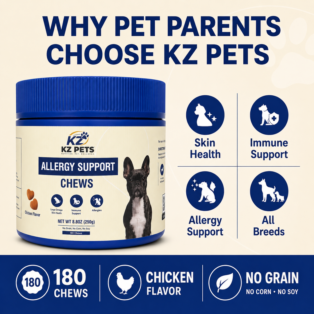 KZ Pets allergy support chews container with features listed on a beige background