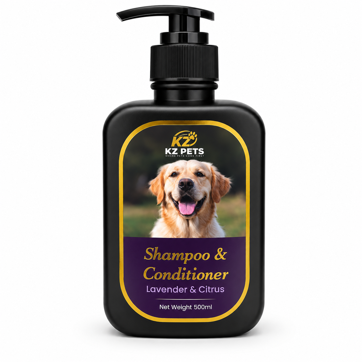 Bottle of KZ Pets Lavender & Citrus Shampoo & Conditioner for dogs placed on a wooden surface with lavender flowers and citrus fruits around.