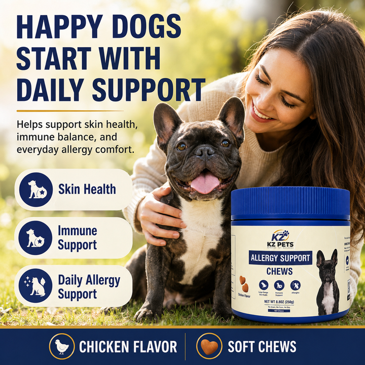 Woman holding a dog with KZ Pets allergy support chews packaging in front