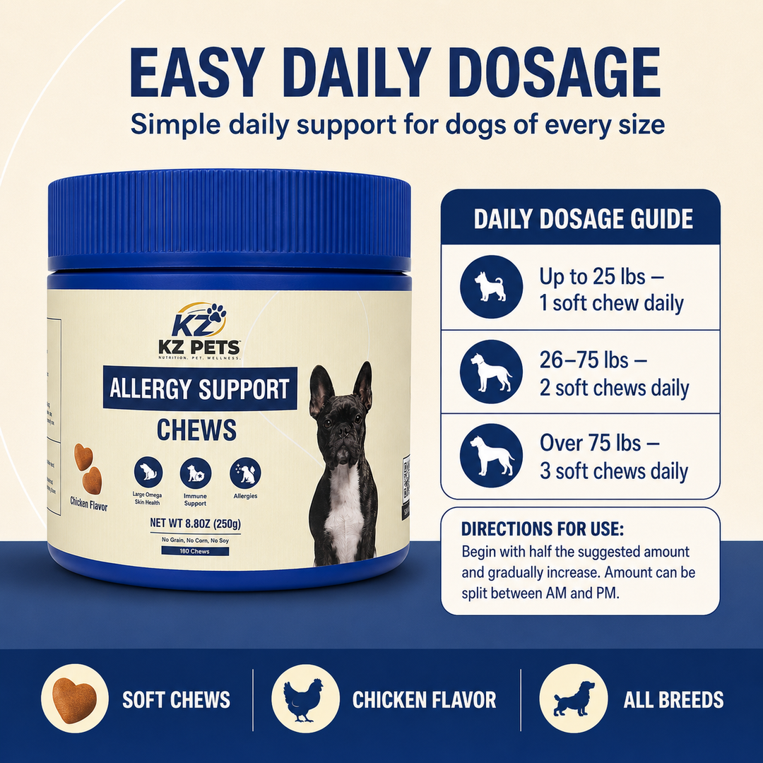 KZ Pets Allergy Support Chews for dogs with daily dosage guide on a blue and beige background