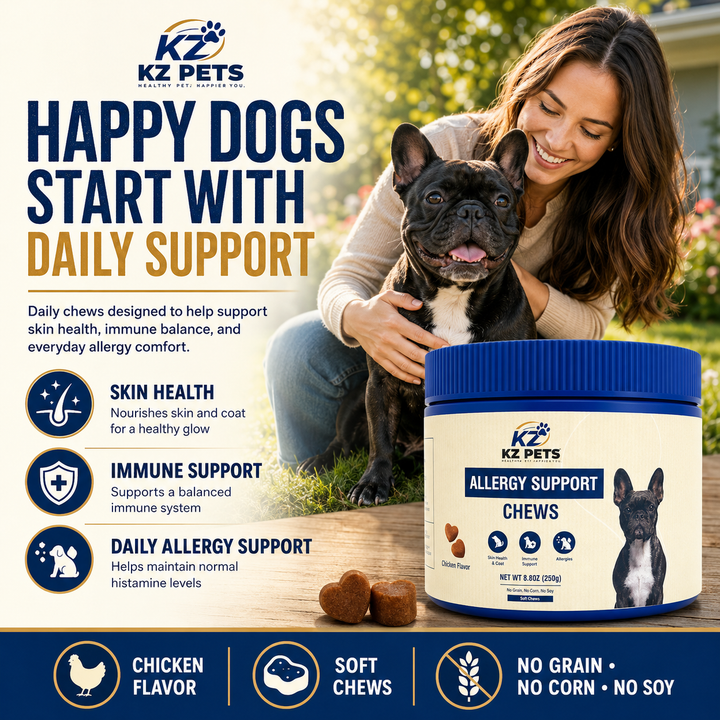 KZ Pets allergy support chews for dogs with a woman and dog in the background