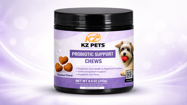 KZ Pets Probiotic Soft Chews for Dogs supporting digestive and immune health in a natural chicken flavor container