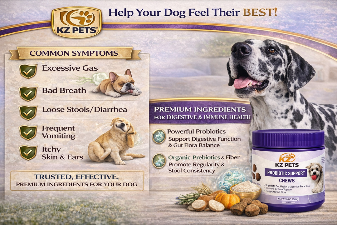 KZ Pets product advertisement with a dog and its health issues and a jar of KZ Pets Probiotic Support Chews.