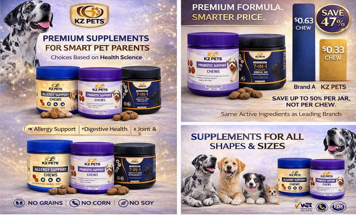 KZ Pets pet supplement products with images of dogs and text on a white background