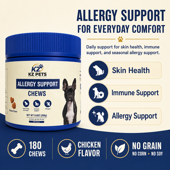 KZ Pets Allergy Support Chews for dogs with product details on a blue and beige background