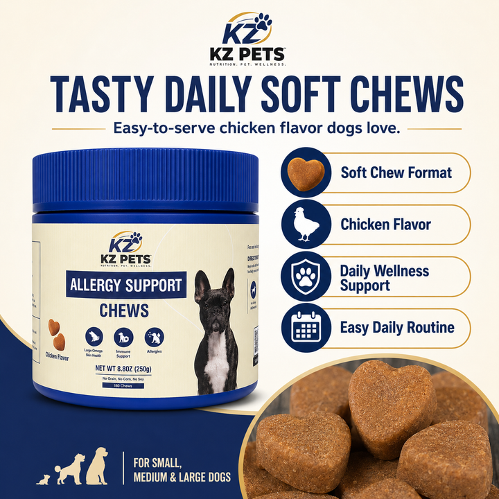 KZ Pets Allergy Support Chews packaging with text highlighting features on a white background